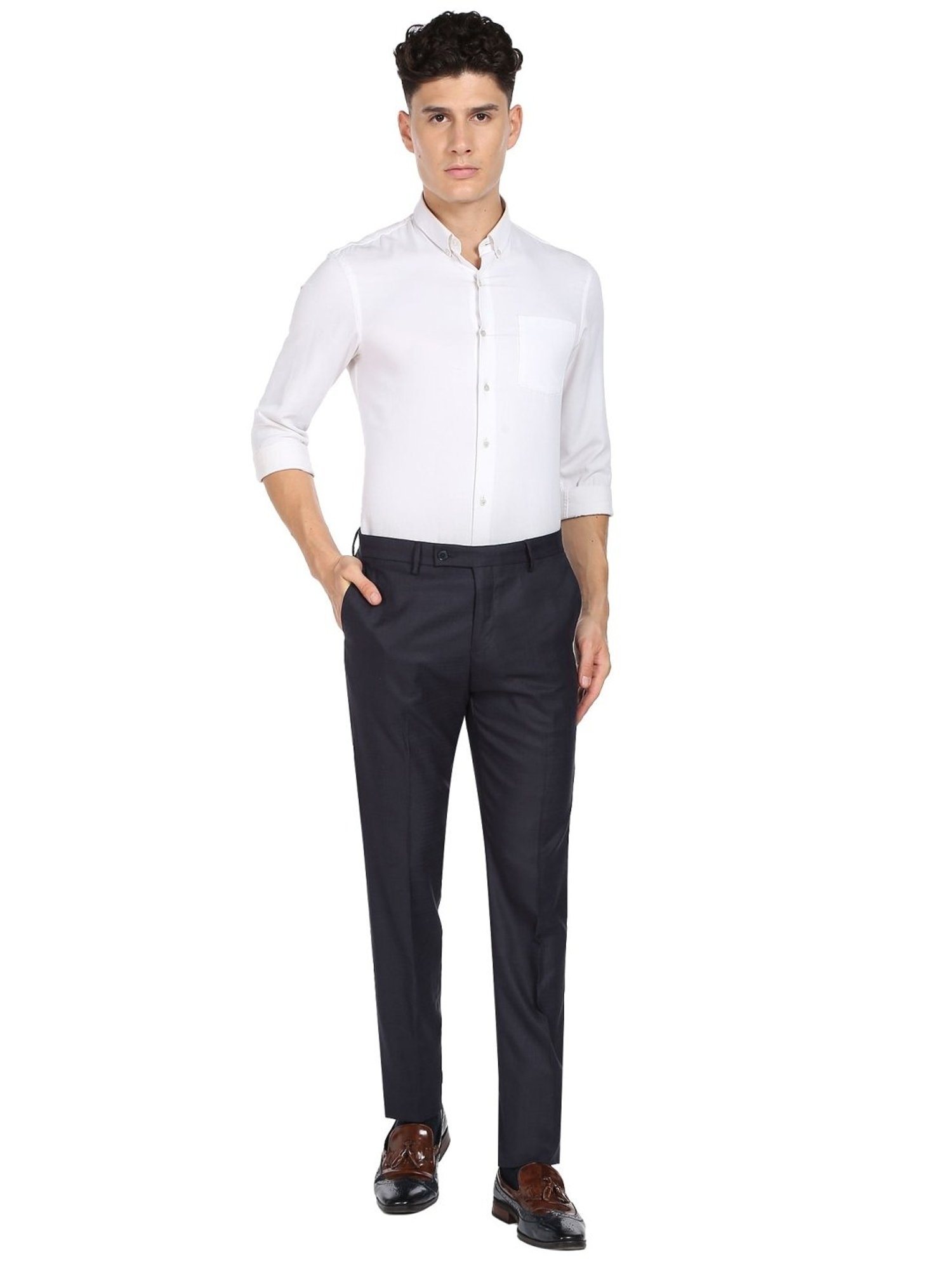 Arrow Navy Regular Fit Checks Trousers