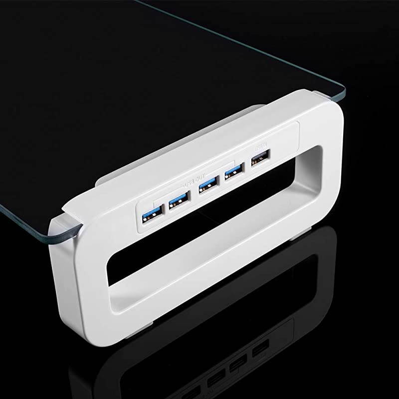 Stand Riser, 4-Port USB 3.0 Hub Tempered Glass Riser Quick Charge 5Gbps High-Speed Transfer Data Desk Organizer Keyboard & Mouse Storage with USB Cable for Laptop PC MacBook,White