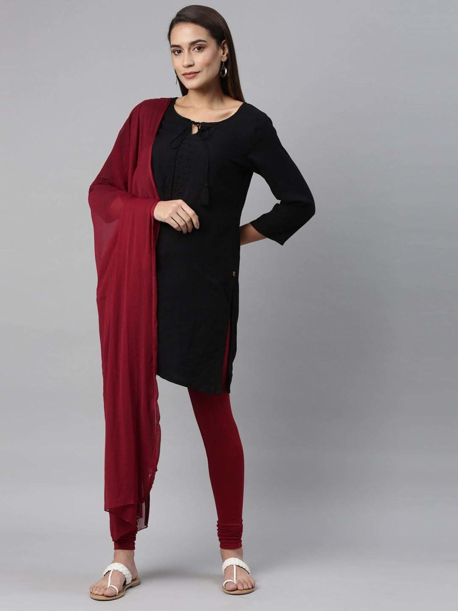 TWIN BIRDS Maroon Cotton Full Length Leggings With Dupatta