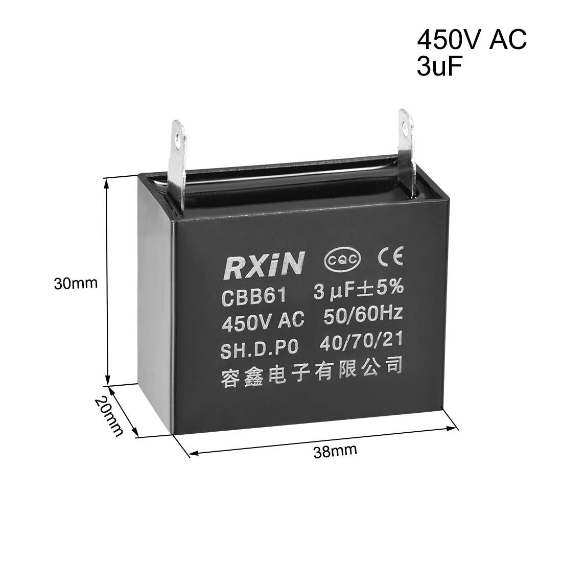 CBB61 Run Capacitor 450V AC 3uF 2-pin Metallized Polypropylene Film Capacitors Black for Ceiling Fan
