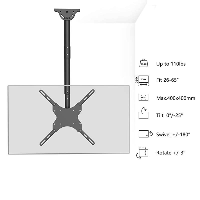 TV Ceiling Mount Adjustable Bracket Fits Most LED LCD OLED and Plasma Flat Screen Display 26 to 65 Inch up to 110 Lbs VESA 400x400mm CM2665 Black by