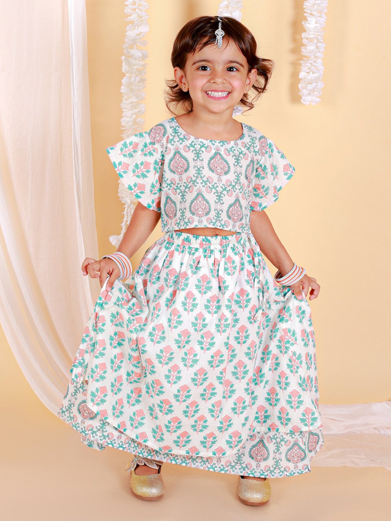 The Mom Store Kids Peach & White Floral Print Lehenga with Choli
