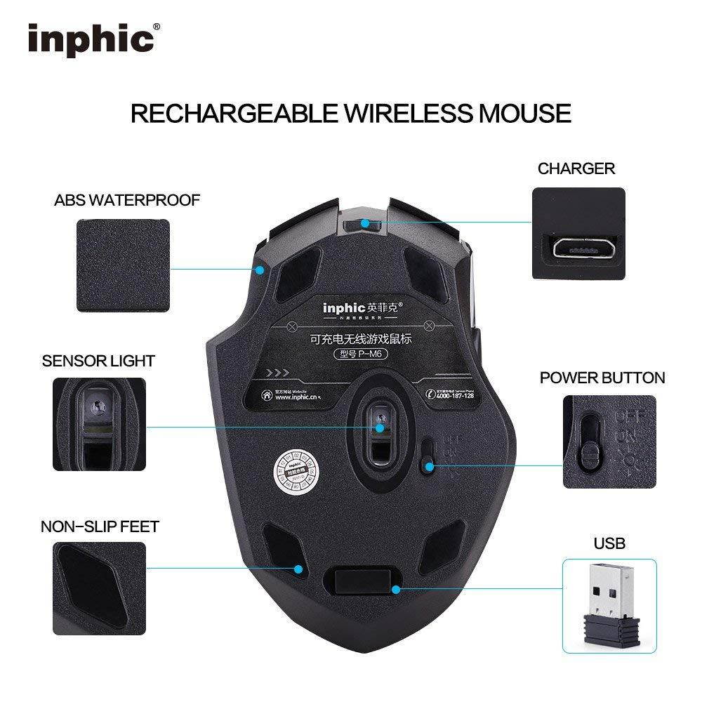 Wireless Mouse, inphic Rechargeable Gaming Mouse with USB Nano Receiver for Notebook, PC, Laptop, Computer, MacBook (Black Plating)