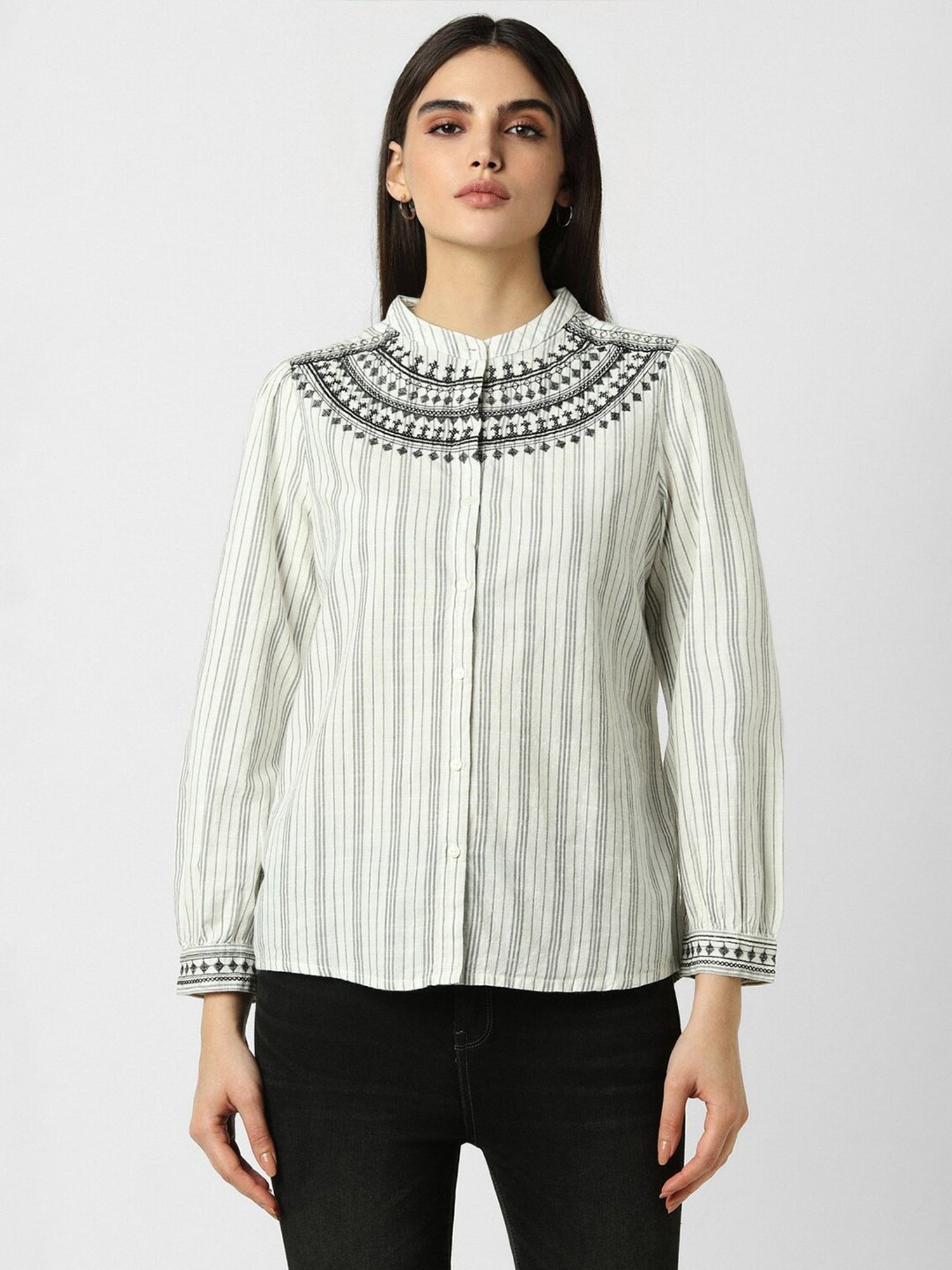 Van Heusen White & Black Cotton Striped Top