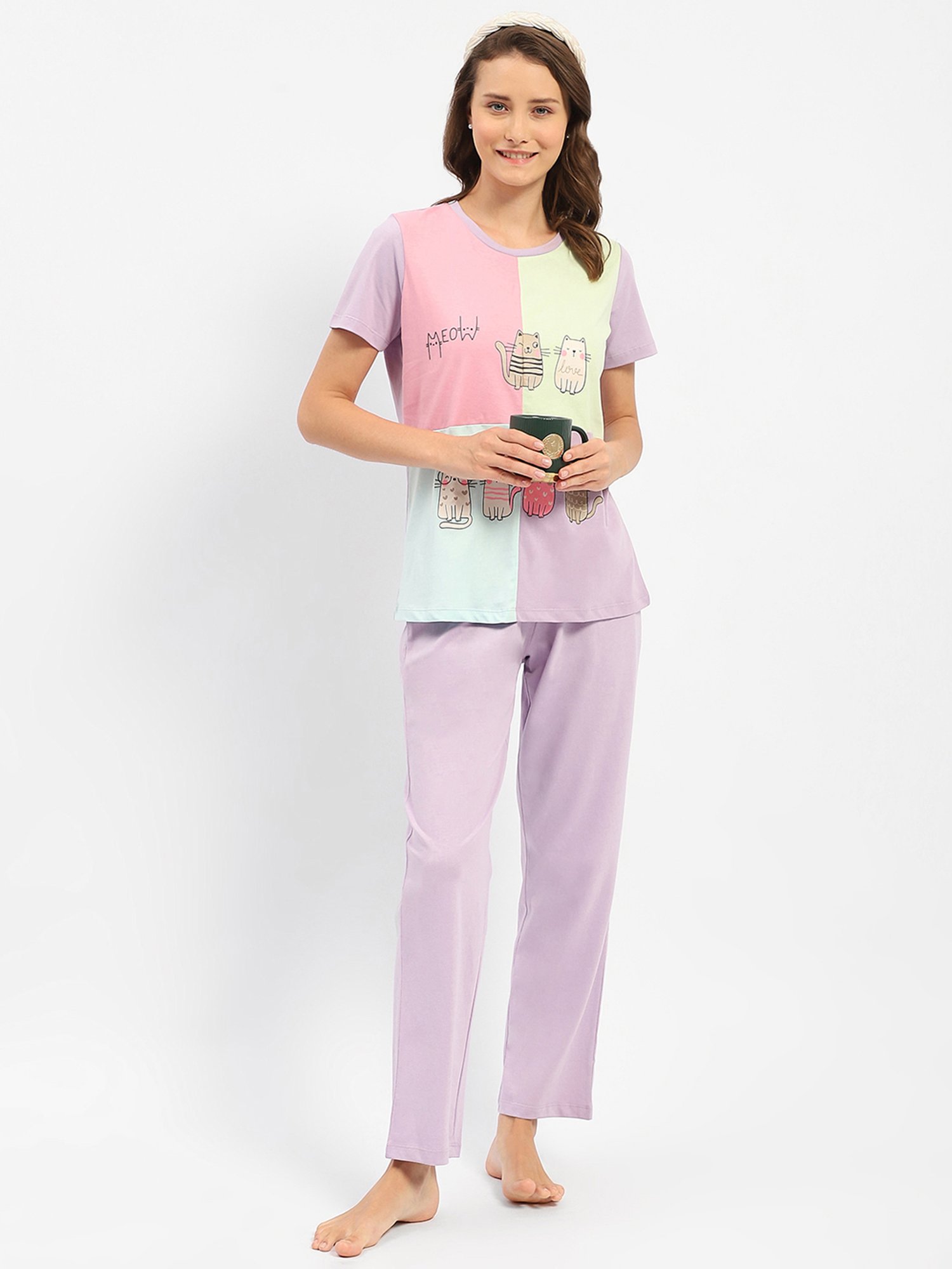 MADAME M Secret Mauve Cotton Color-Block T-Shirt With Pyjamas