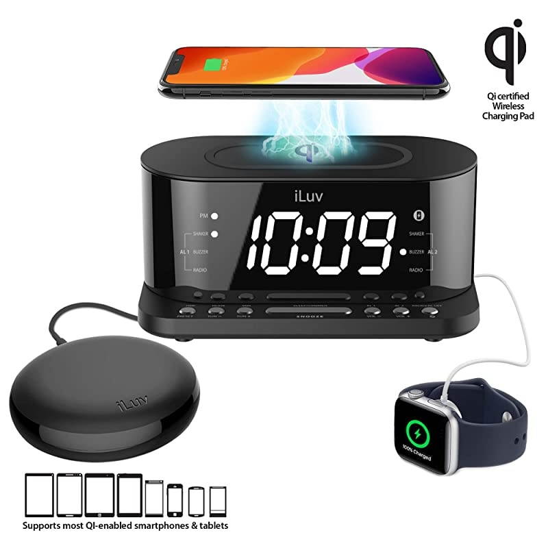 Time Shaker 5Q Wow Qi-Certified Wireless Charging Alarm Clock with Vibration Shaker, Jumbo LCD White Display, Dual Alarm, FM Radio, Sleep Timer, 3-Level Dimmer, USB Charging Port, Battery Backup