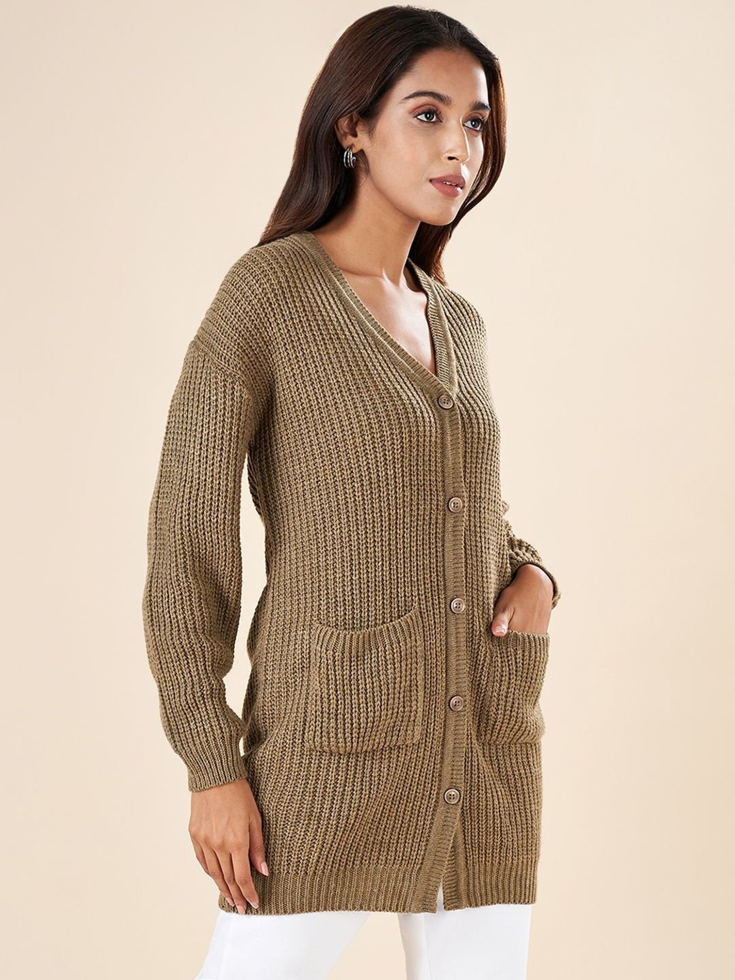 Akkriti by Pantaloons Beige Crochet Pattern Cardigan