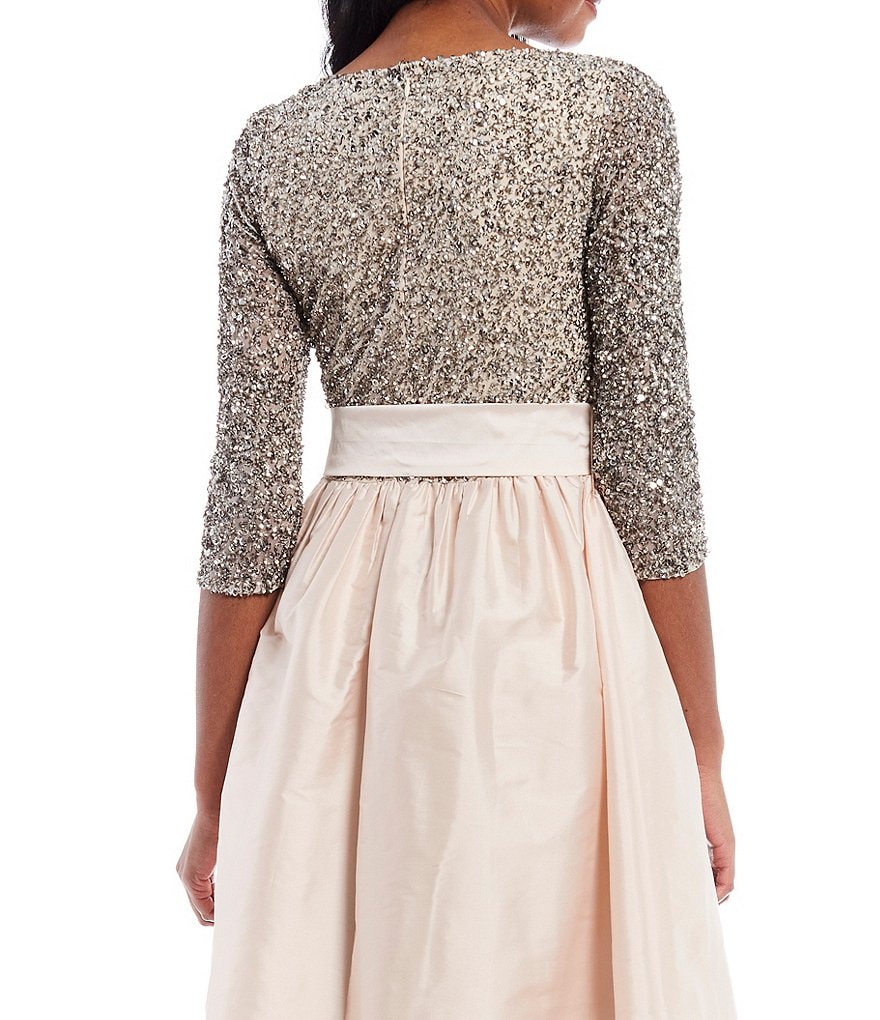 Pisarro Nights Petite Size 3/4 Sleeve Boat Neck Hi-Low Beaded Gown