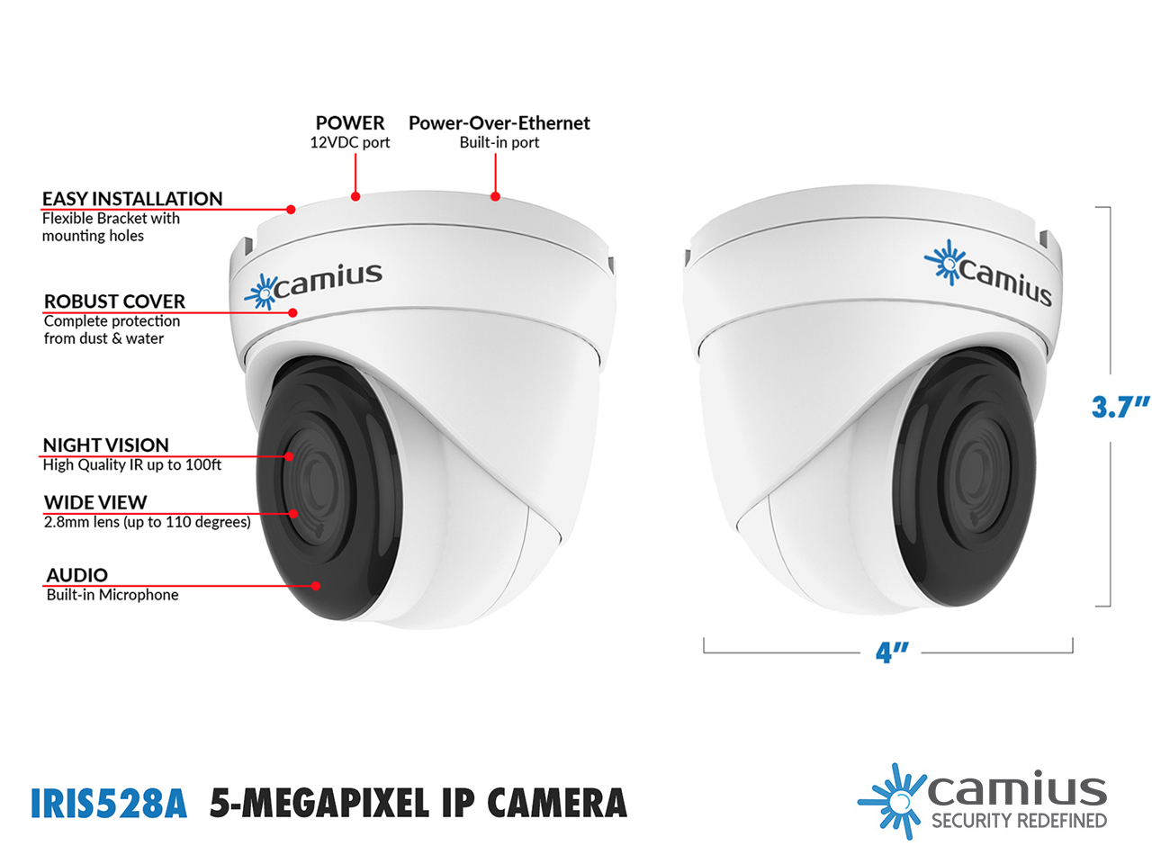Camius 5MP PoE IP Dome Security Camera with Audio (built-in microphone), Wide view 2.8mm Lens, 30-100ft Night Vision, Onvif, Wired Ethernet, PC, Mac software, Web-Browser, Camera app View - Iris528A