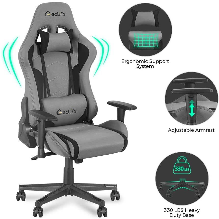 Eclife High Back Computer Game Chair with Adjustable Massage Lumbar Support and Headrest Racing Style Swivel Executive Office Desk Gaming Chair