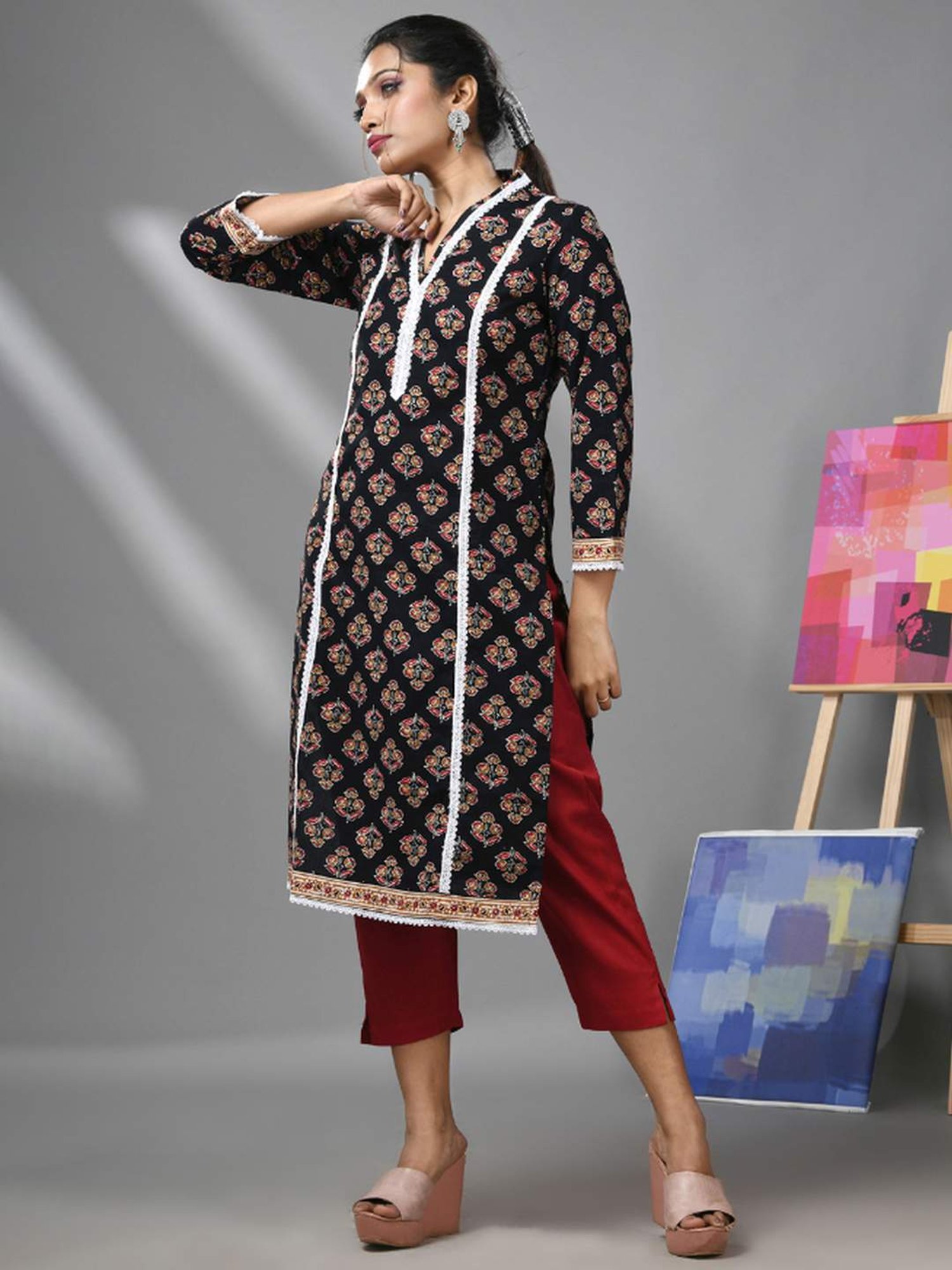 CHARUKRITI Black & Maroon Cotton Printed Kurta Pant Set