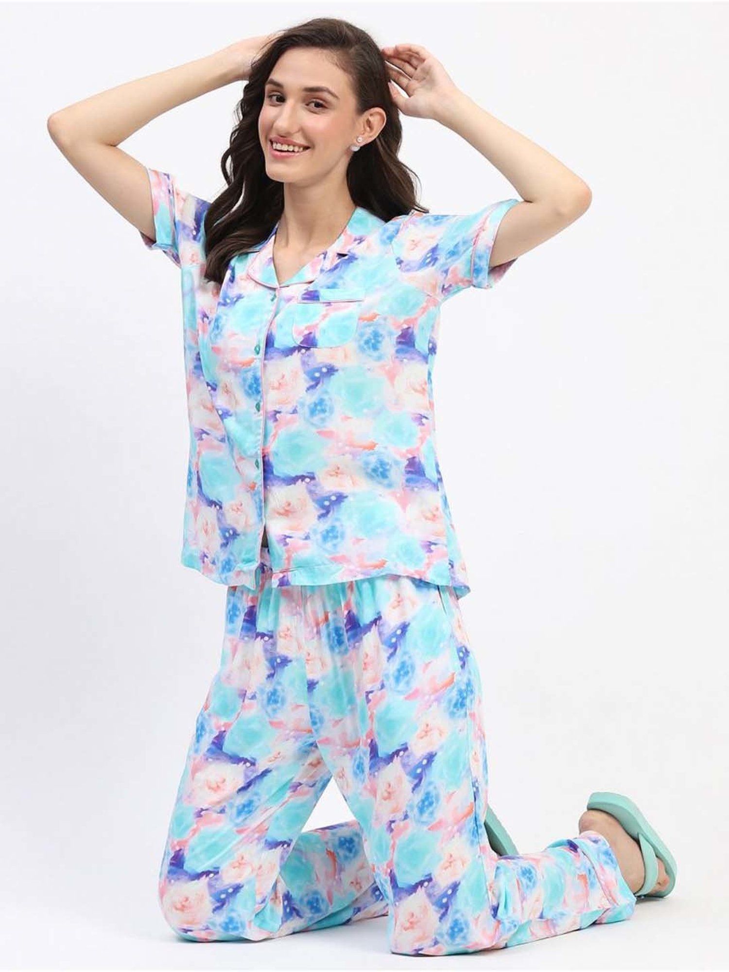 MADAME M Secret Blue Printed Shirt Pyjamas Set