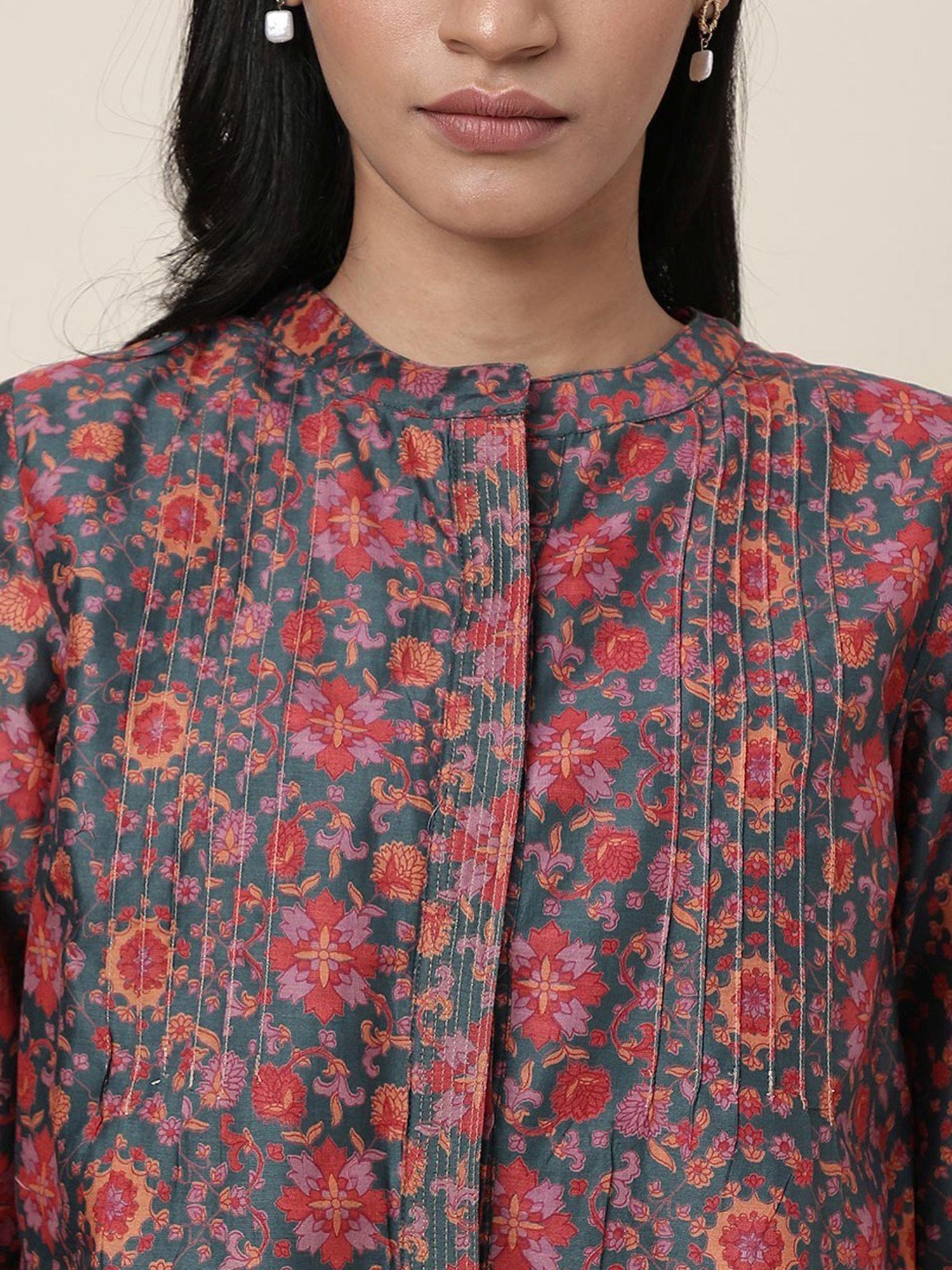 Fabindia Green & Pink Floral Print Tunic