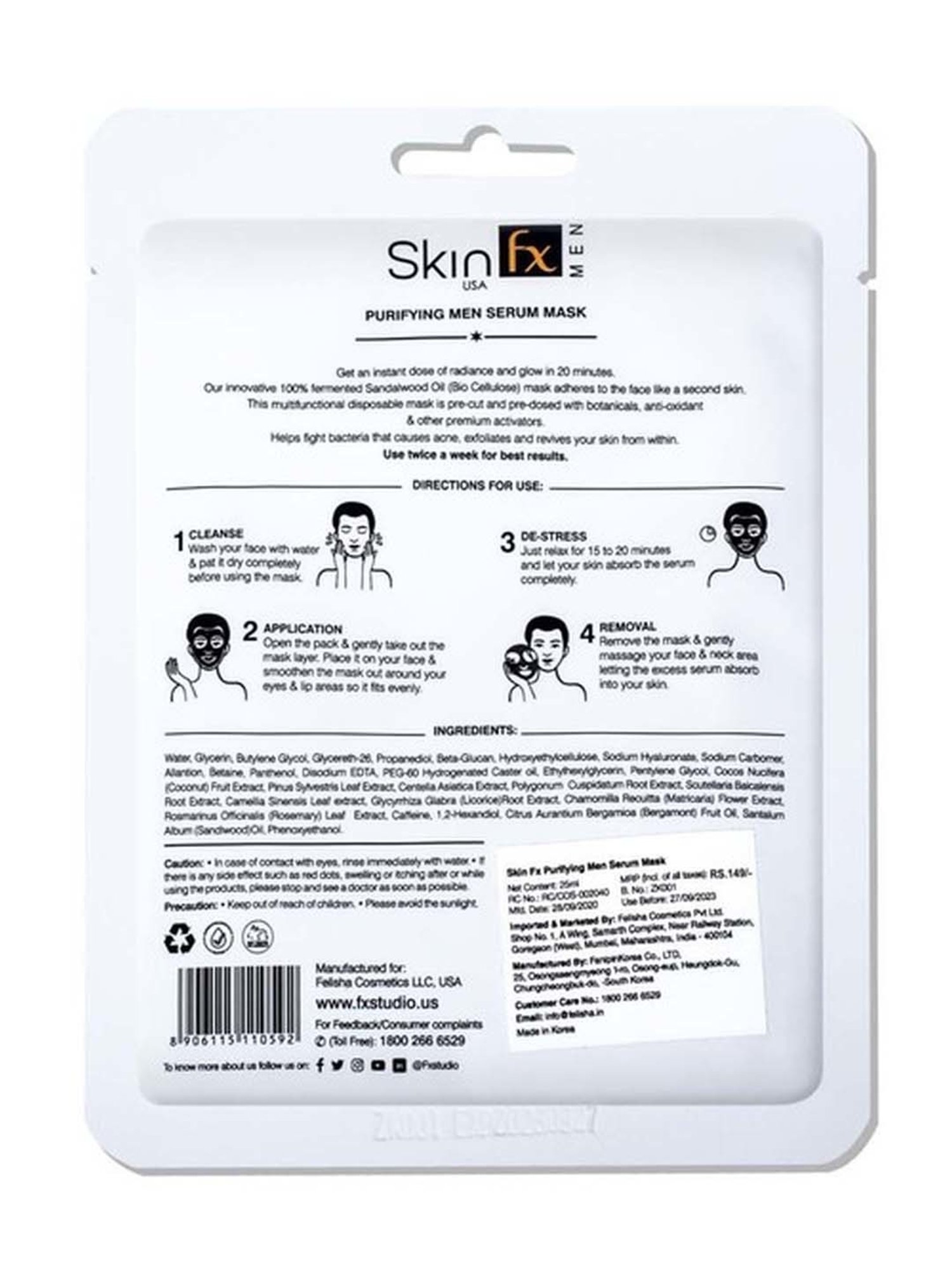 Skin Fx Refreshing & Purifying Men Facial Serum Mask - Pack of 2