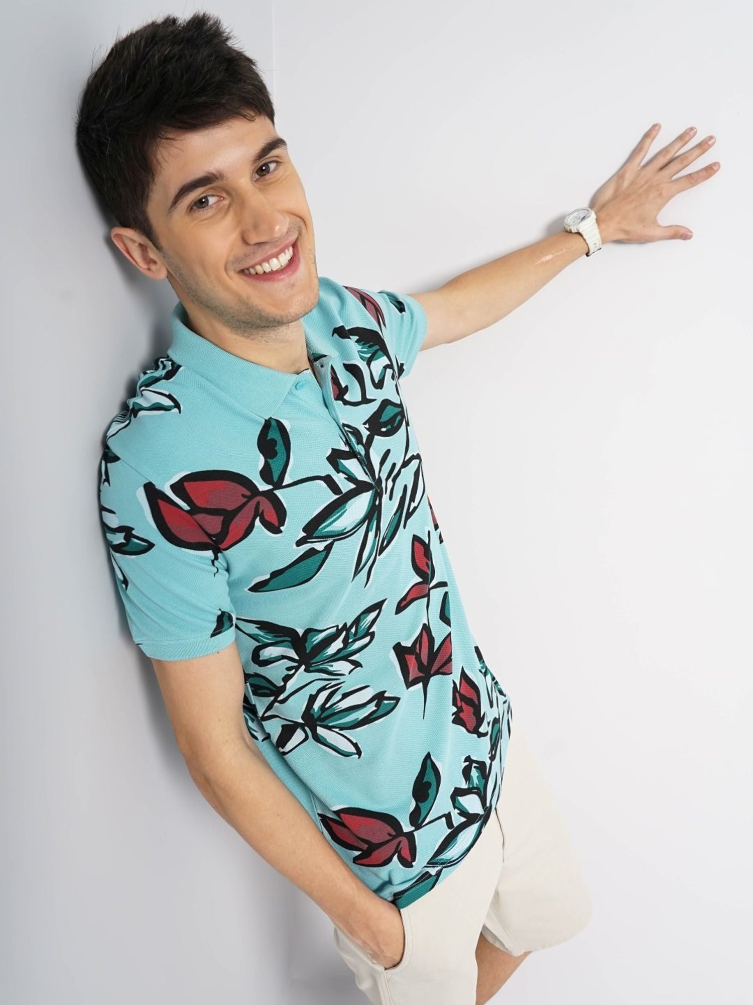 Celio Sea Green Cotton Regular Fit Printed Polo T-Shirt