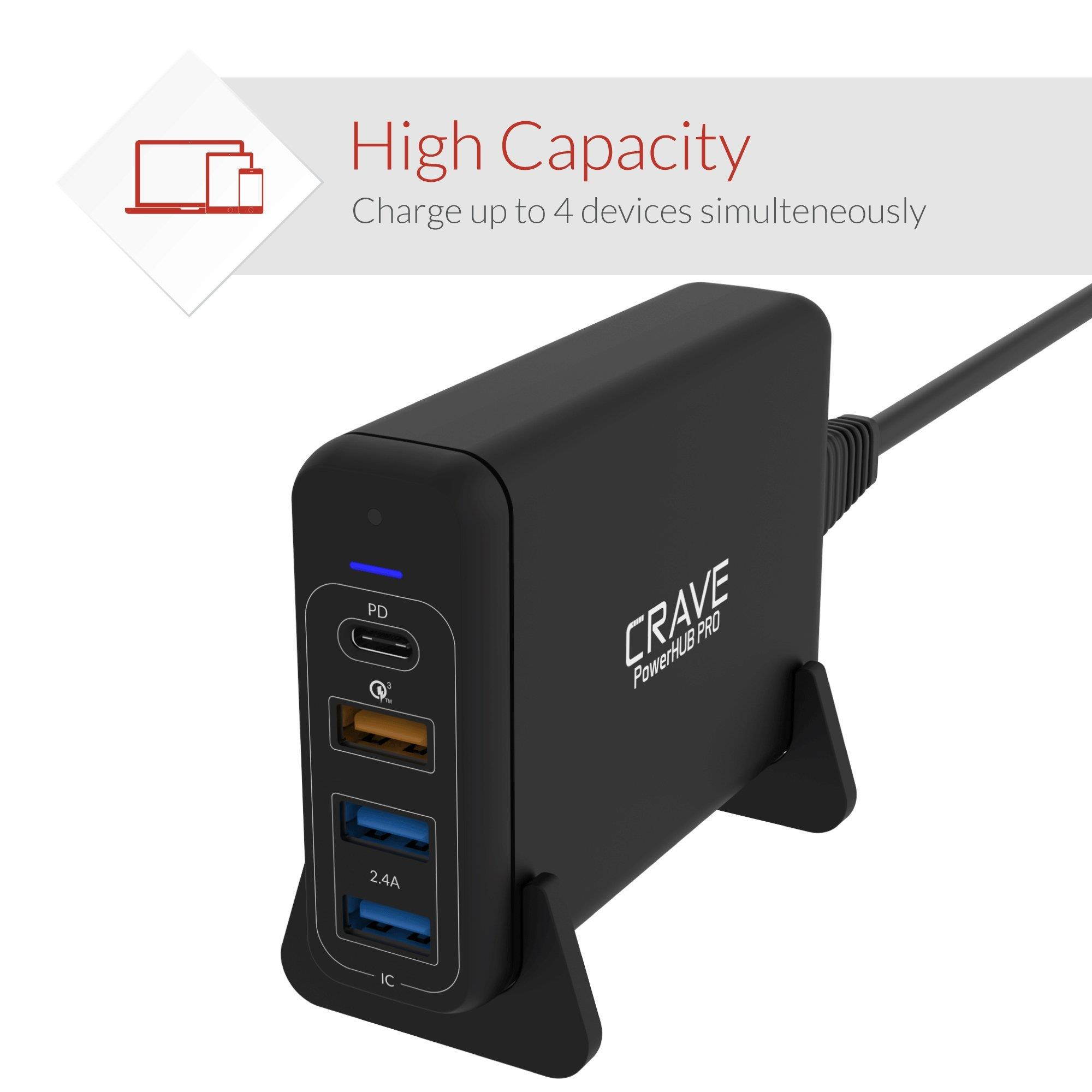 75W 4-port Desktop Charger, Crave PowerHUB PRO [60W PD + Quick Charge QC3.0] Multi-Port Charger Hub with Fast IC Technology for MacBook with Thunderbolt 3 port, laptops, iPhone, iPad, Samsung and more