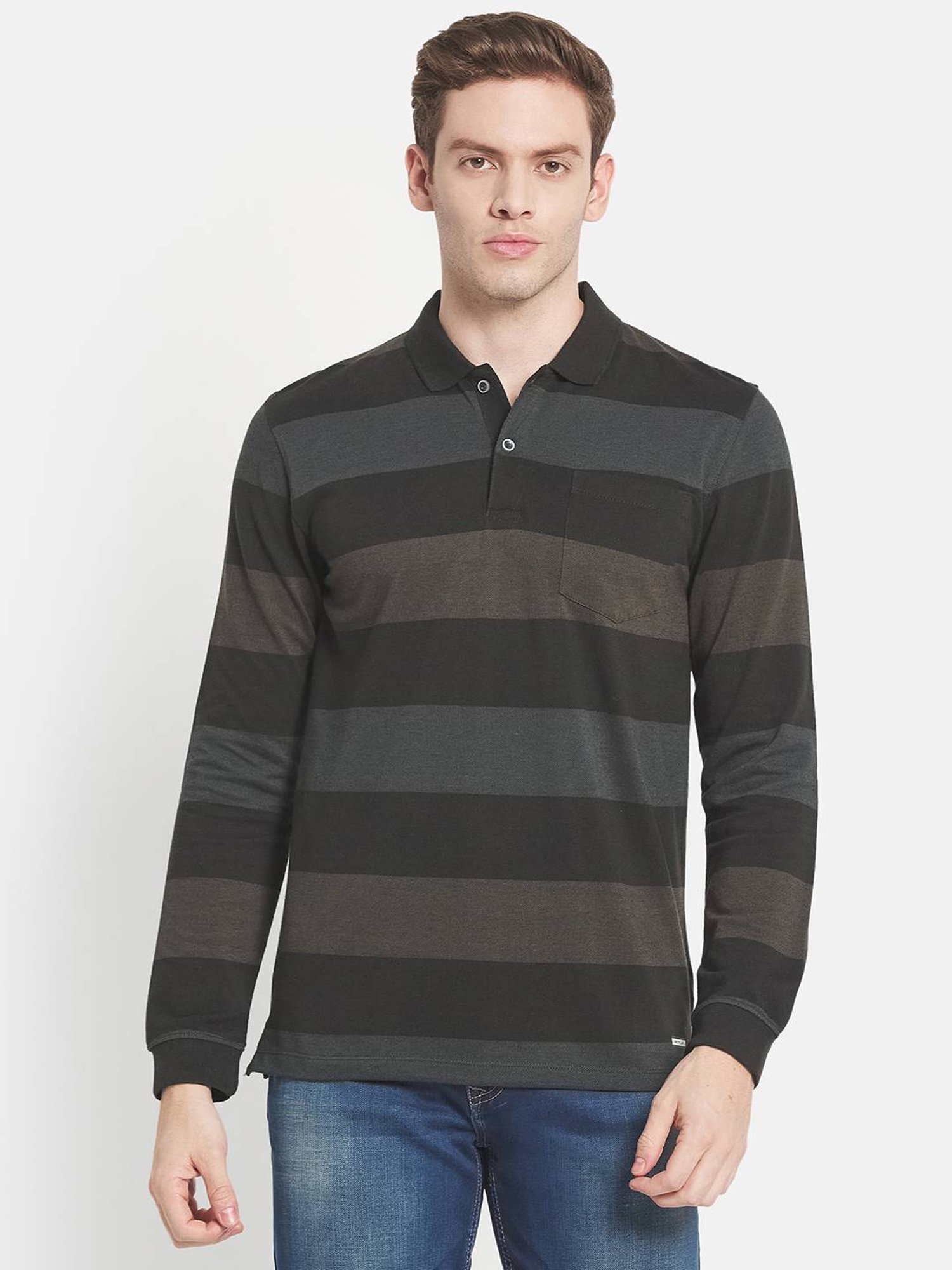 Mettle Olive Cotton Regular Fit Striped Polo T-Shirt