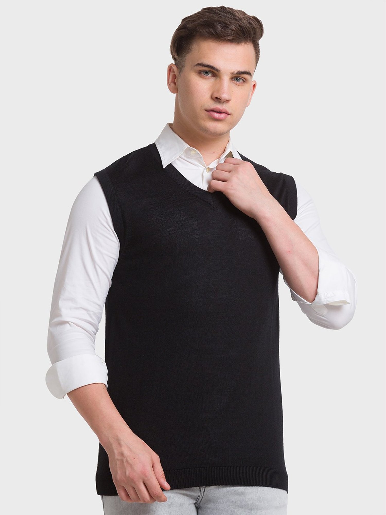 ColorPlus Black Regular Fit Texture Sweaters