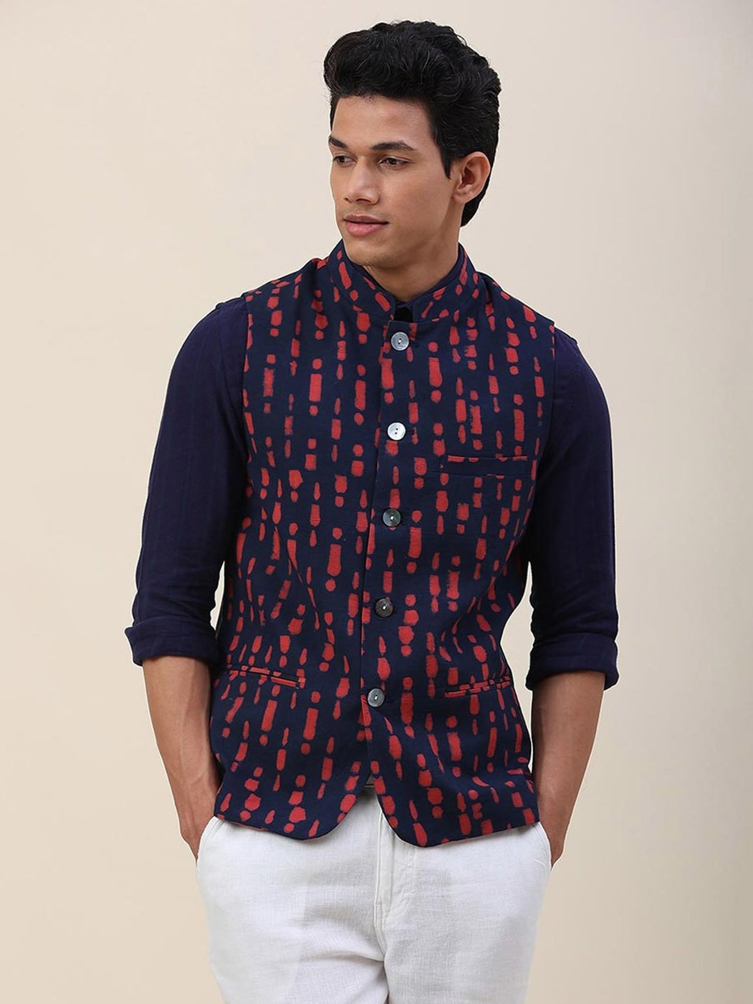 Fabindia Navy & Red Cotton Slim Fit Printed Nehru Jacket