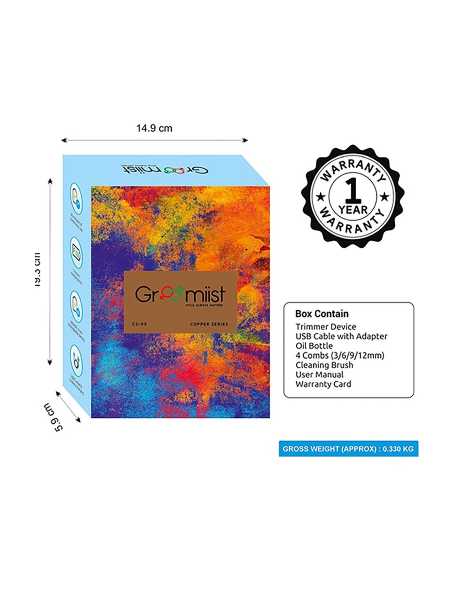 Groomiist CS-95 Copper Series IPX6 Cordless Hair & Beard Trimmer - 90 Min Runtime (Black and Chrome)