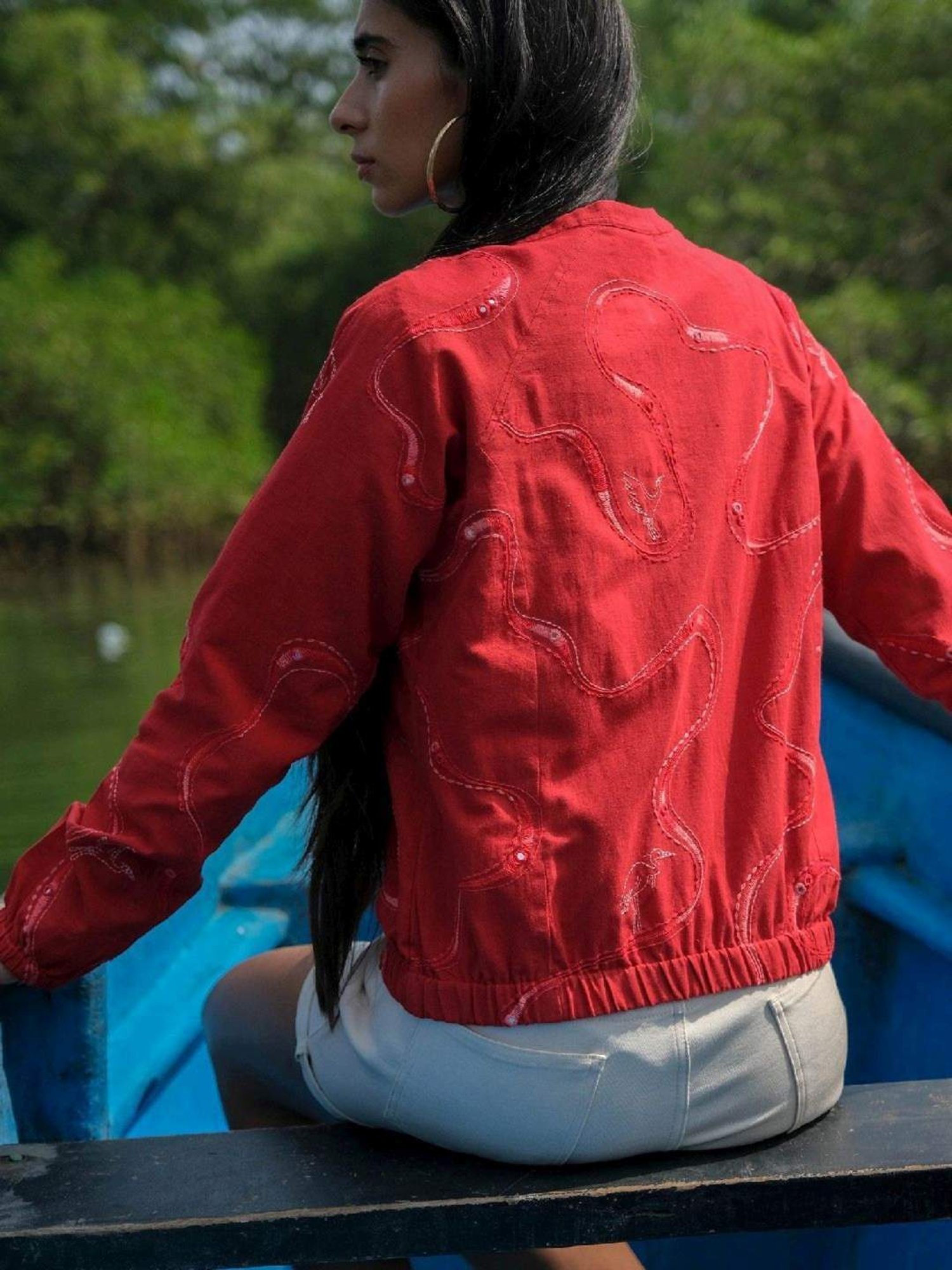 Okhai Maritime Red Pure Cotton Hand Embroidered Jacket