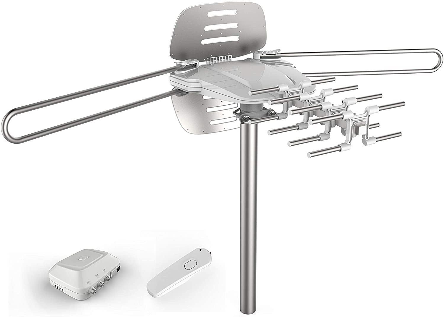 HDTV Antenna Amplified Digital Outdoor Antenna with Rotor, Mounting Pole & 40 Feet RG6 Coax Cable-150 Miles Range-360 Degree Rotation Wireless Remote-Quick Assembly-Support 2 TVs