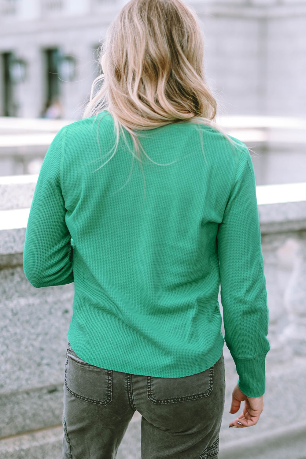 Green Christmas Candy Cane Patched Graphic Half Button Waffle Long Sleeve Top