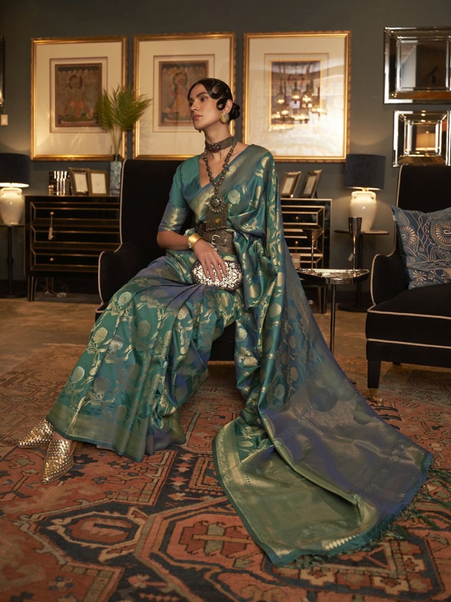 Elora Green Silk Woven Saree With Unstitched Blouse