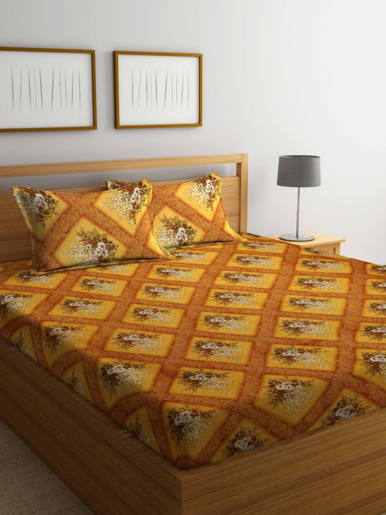 Dhrohar Printed Yellow Cotton 180 TC Double Bedsheet with 2 Pillow covers