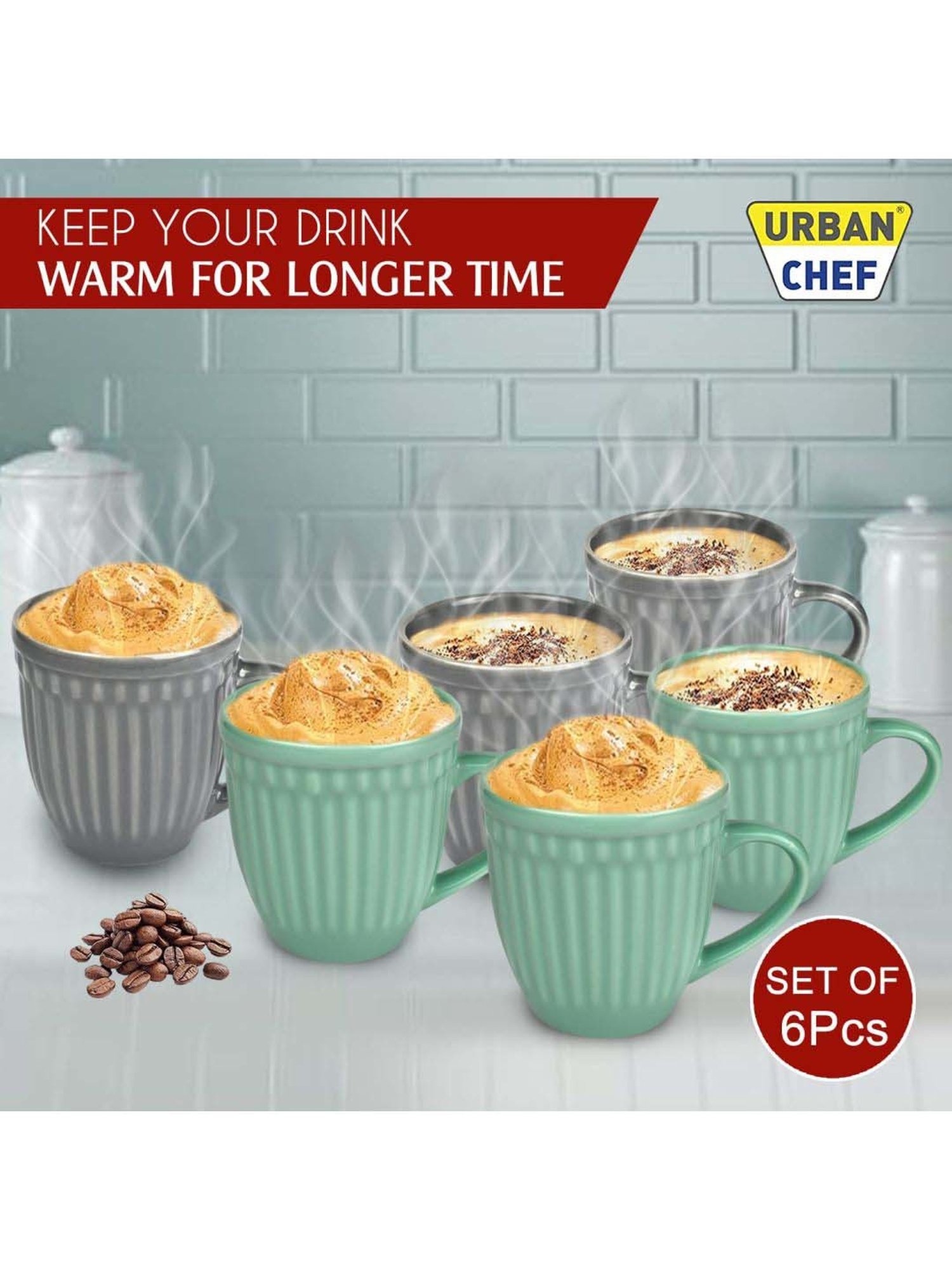 Urban Chef Grey & Green Ceramic Handcrafted Microwave Safe Tea Cup - Set of 6