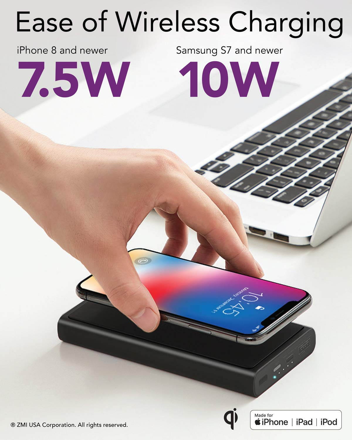 ZMI Power Bank LevPower M10 MFi and Qi Certified USB PD Power Bank Compatible for iPhone 11/Pro/Max/X/XS/XS Max/8/8 Plus and iPad for Wireless and Wired Charging via USB-C or Lightning Port