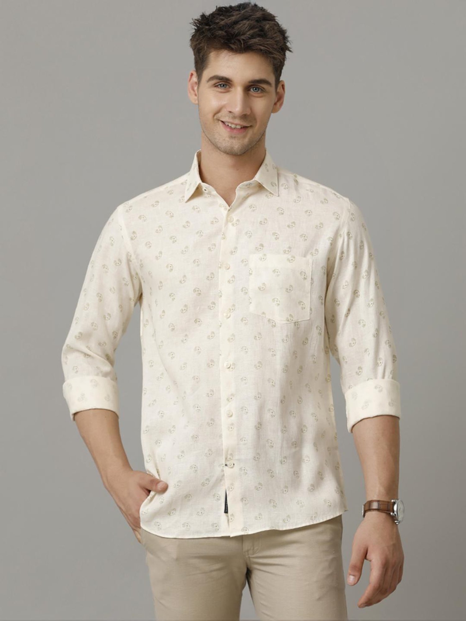 Linen Club Beige Linen Contemporary Fit Printed Shirt