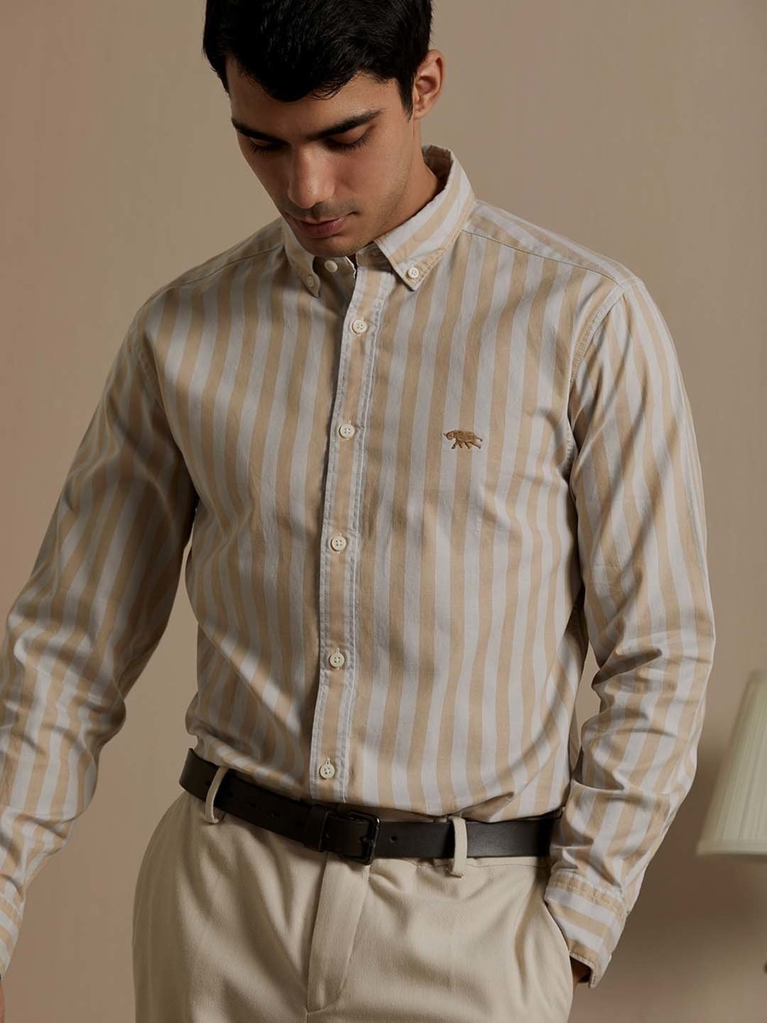 ANDAMEN Beige Slim Fit Striped Cotton Shirt