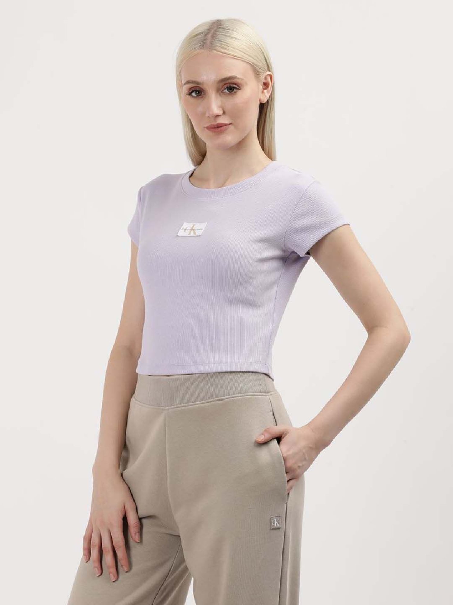 CALVIN KLEIN Purple Cotton Logo Patch Work Crop T-Shirt