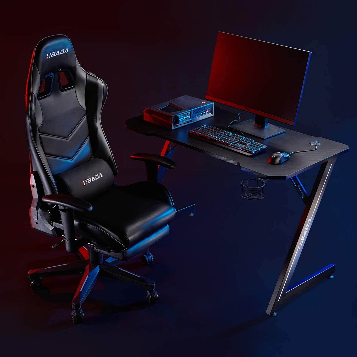 43 inch Gaming Computer Desk, Home Office PC Desk, Z-Shape Racing Style Game Station with Double Cable Manage Hole, Sturdy Ergonomic E-Sports Desk with Cup Holder and Headphone Hook, Black