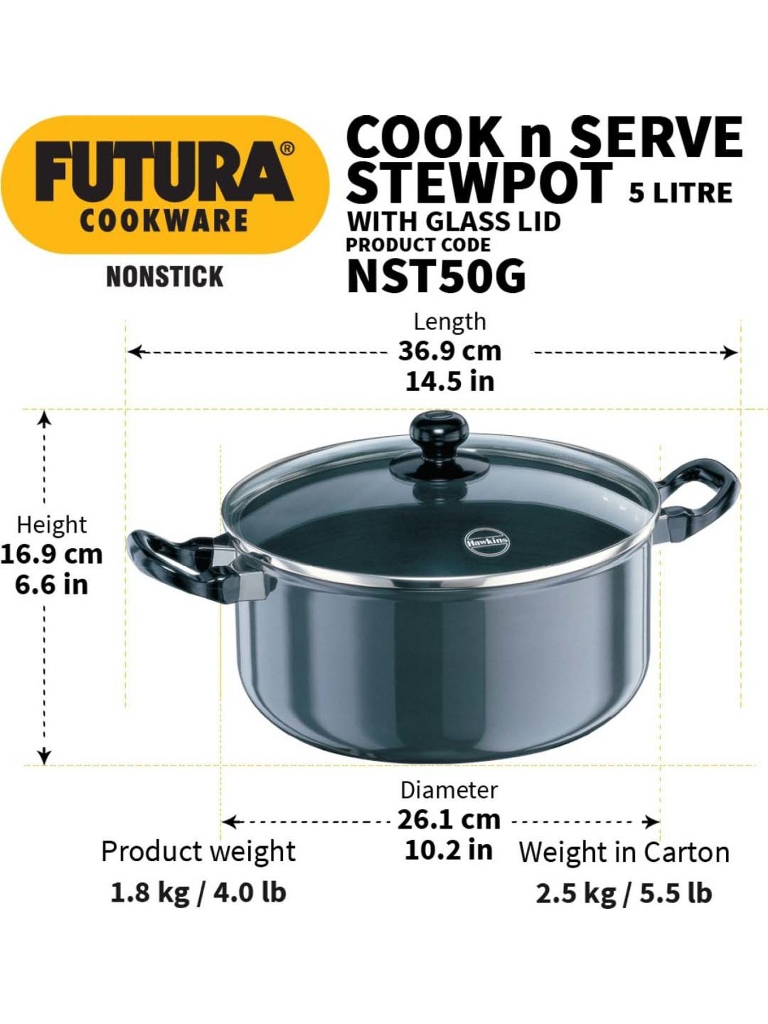 Hawkins Black & Transparent Hard Anodised 26.1 cm Non-Stick Stew Pot (5 L) - Set of 1
