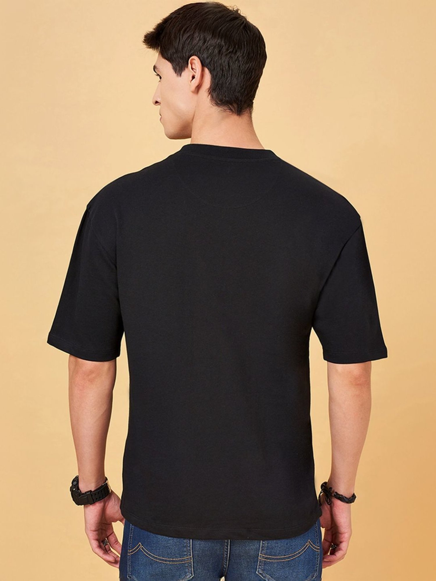 Sf Jeans By Pantaloons Jet Black Comfort Fit Printed T-Shirt