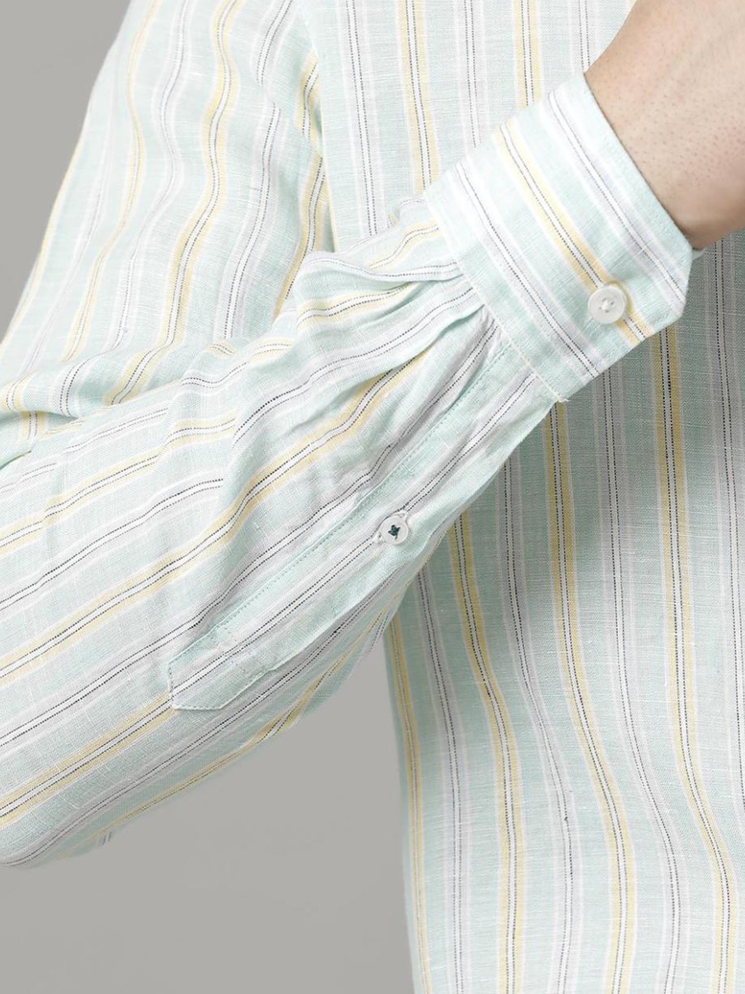 Linen Club Green Linen Contemporary Fit Striped Shirt