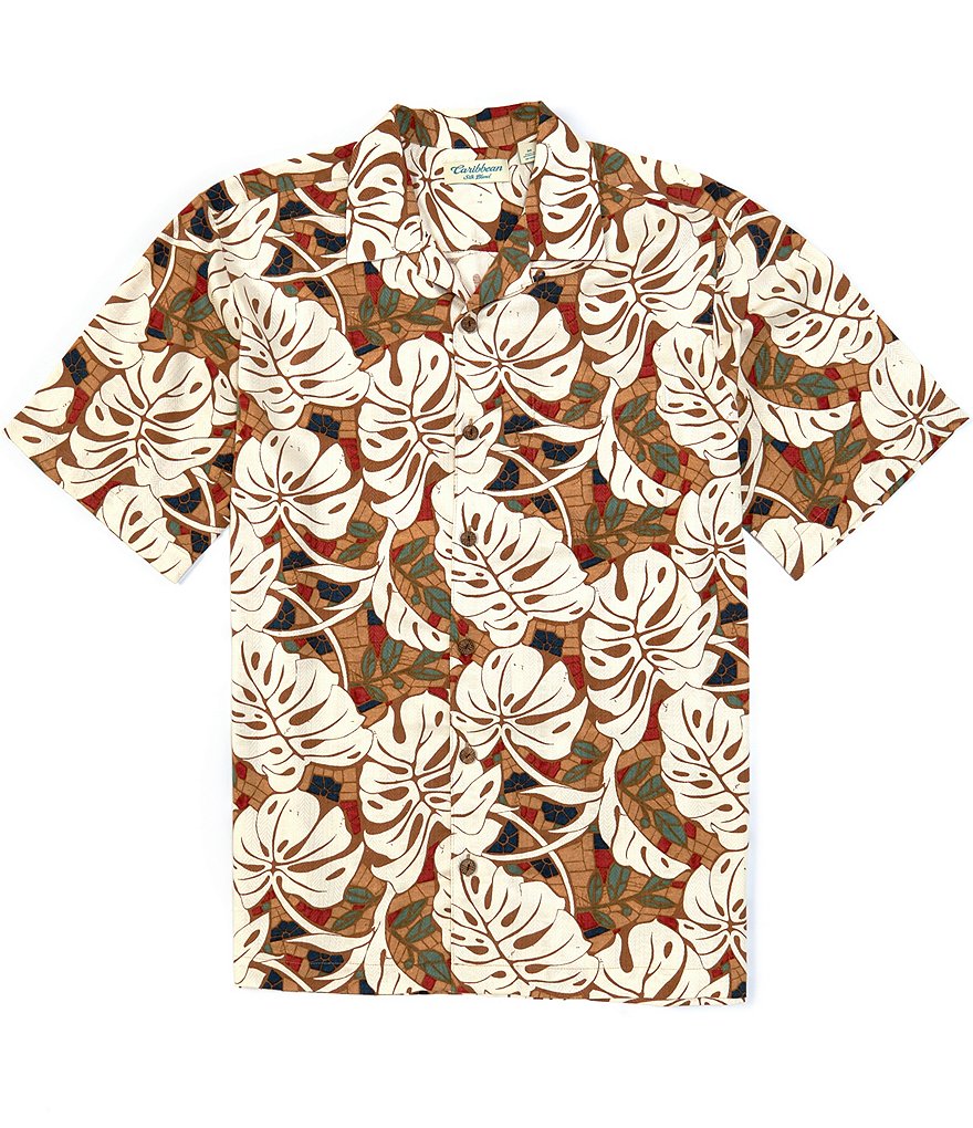 Caribbean Leaf Print Silk Blend Short-Sleeve Woven Shirt