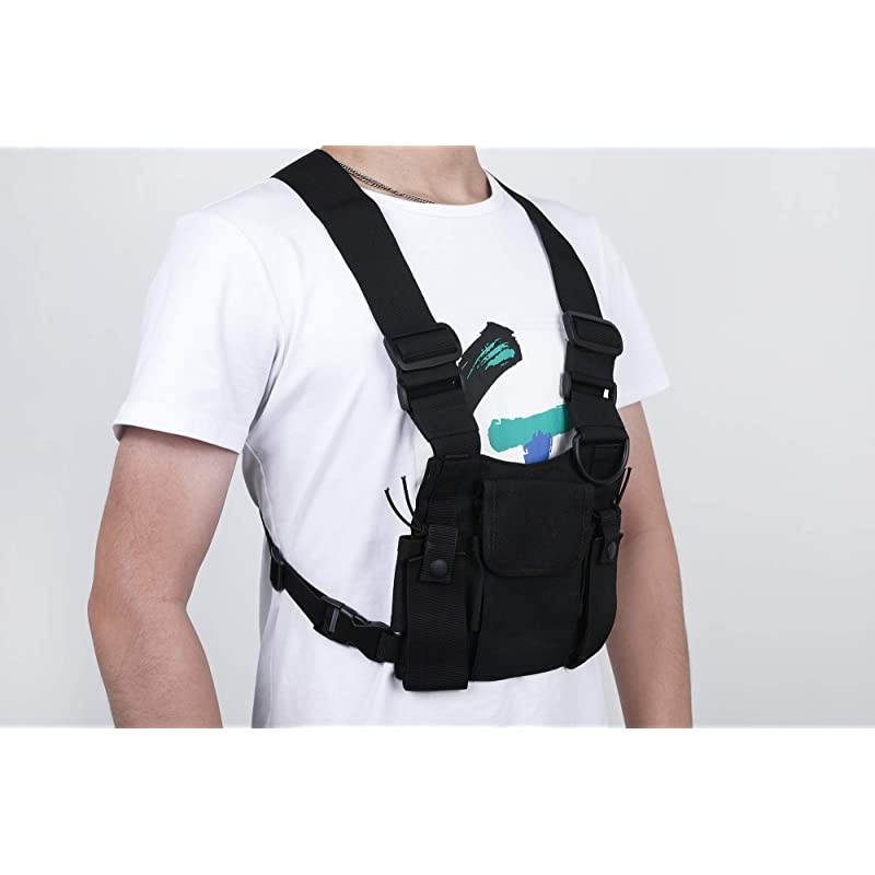 Chest Harness Rig Holster Pack with Front Pouches and Zipper Bag for Universal Walkie Talkies