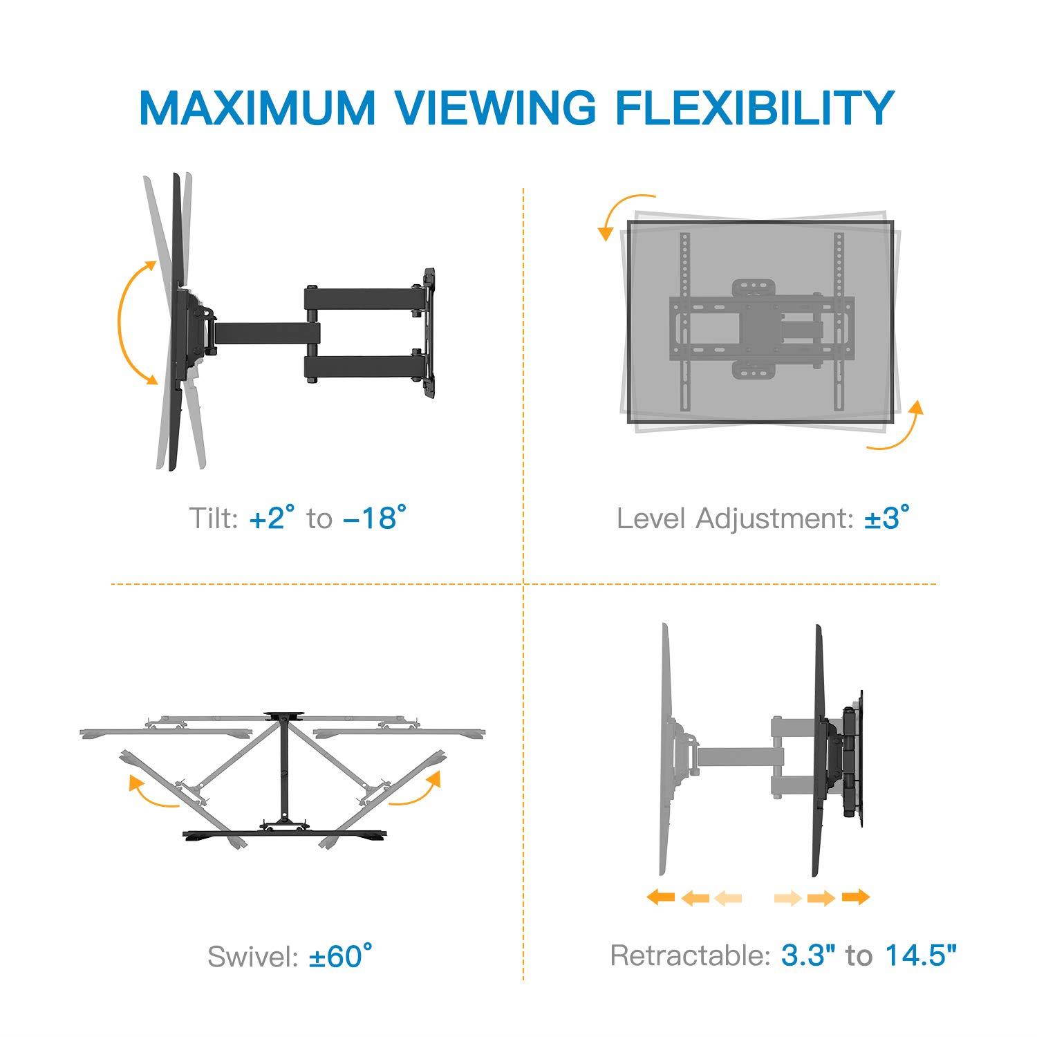 PERLESMITH TV Wall Mount Bracket Full Motion Single Articulating Arm for Most 32-55 inch LED, LCD, OLED, Flat Screen, Plasma TVs with Tilt, Swivel and Rotation Up to 77lbs VESA 400x400mm