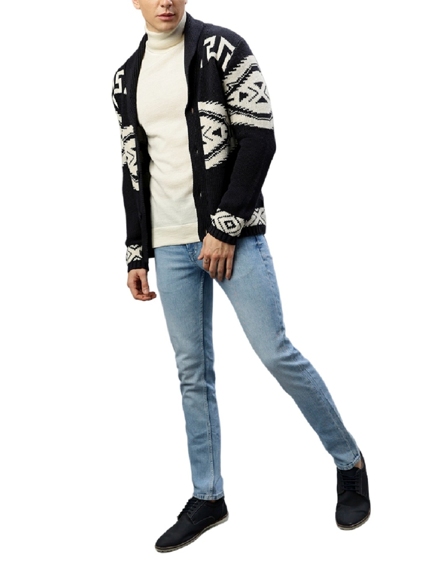 Lindbergh Navy Cotton Regular Fit Self Pattern Sweaters