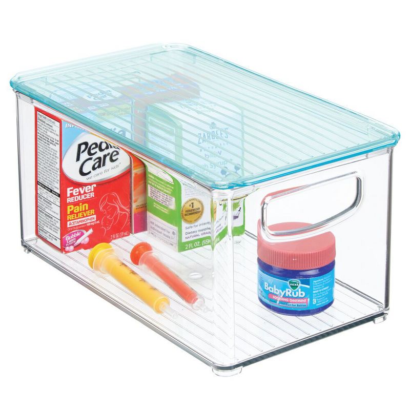 mDesign Plastic Storage Organizer Bin, Lid for Kids Supplies, 4 Pack, Clear/Blue