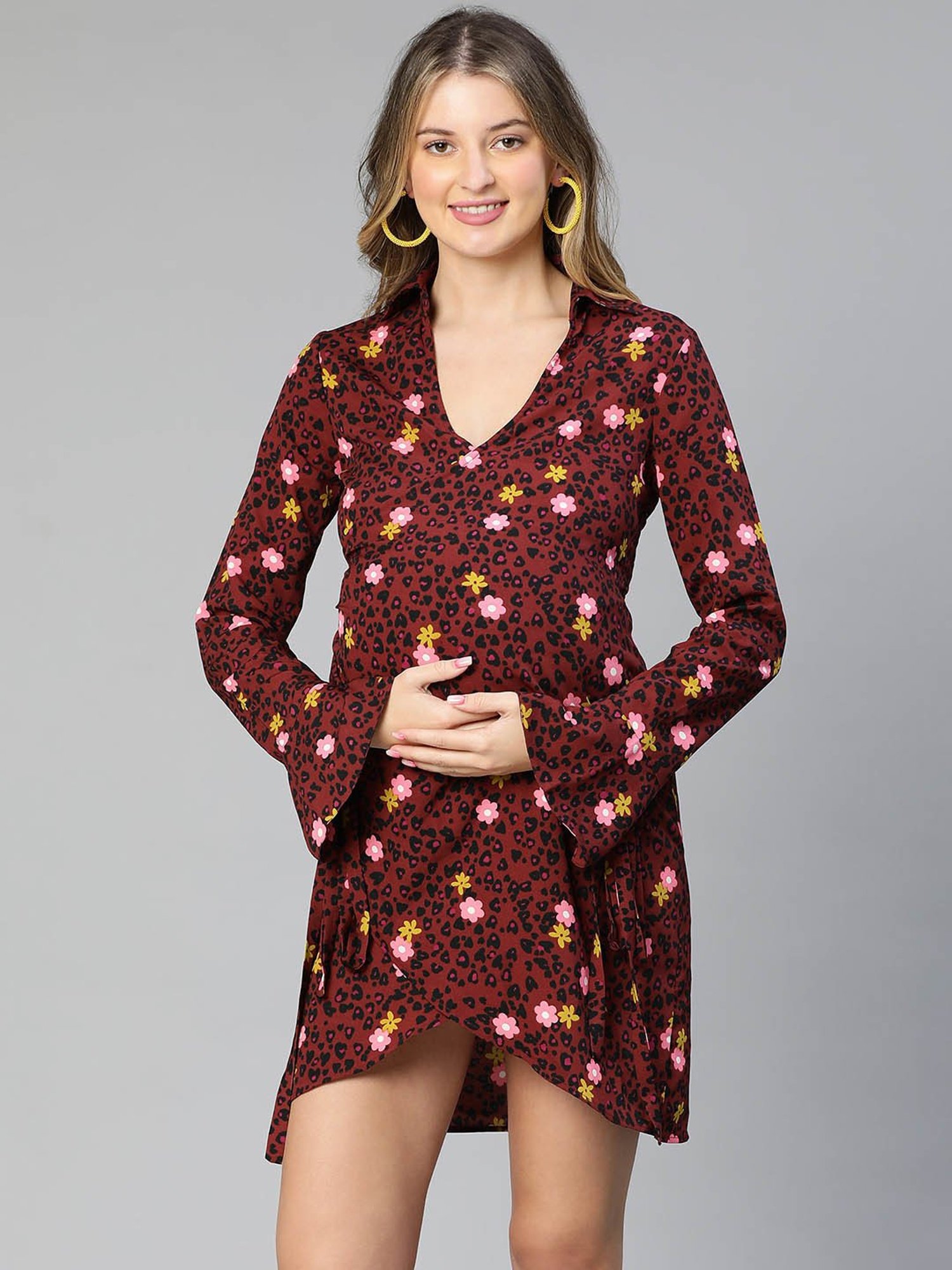 Oxolloxo Maroon & Black Floral Print Maternity Dress