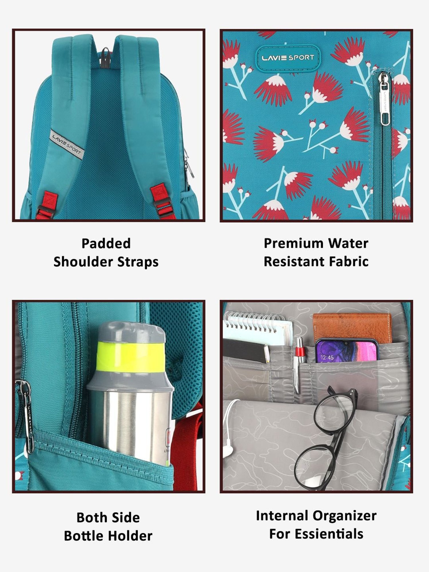 Lavie Sport Tinybloom 26L Floral Printed School Backpack for Girls (Teal)