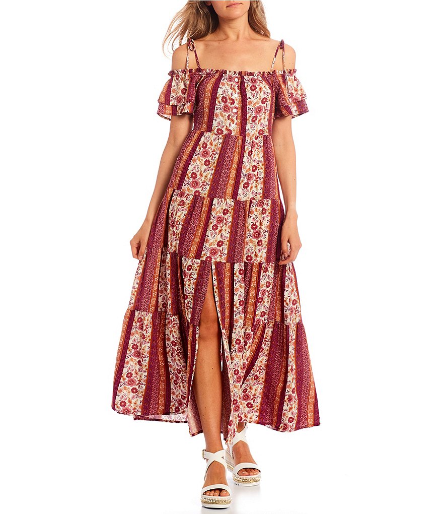 Love & Piece Off-the-Shoulder Tie-Straps Patchwork Printed Tiered Sheath Dress