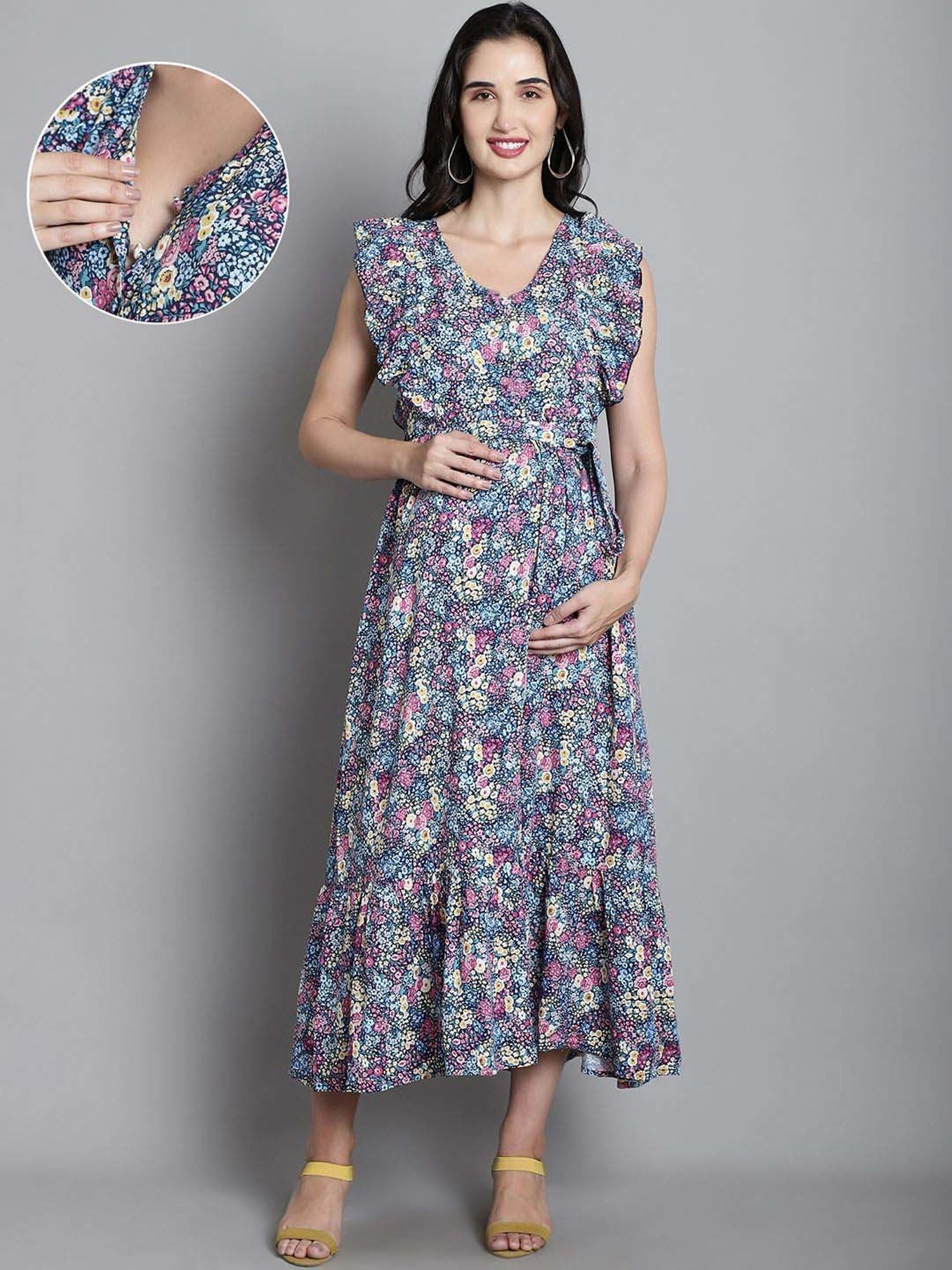 Moms Maternity Blue Floral Print Maternity Dress