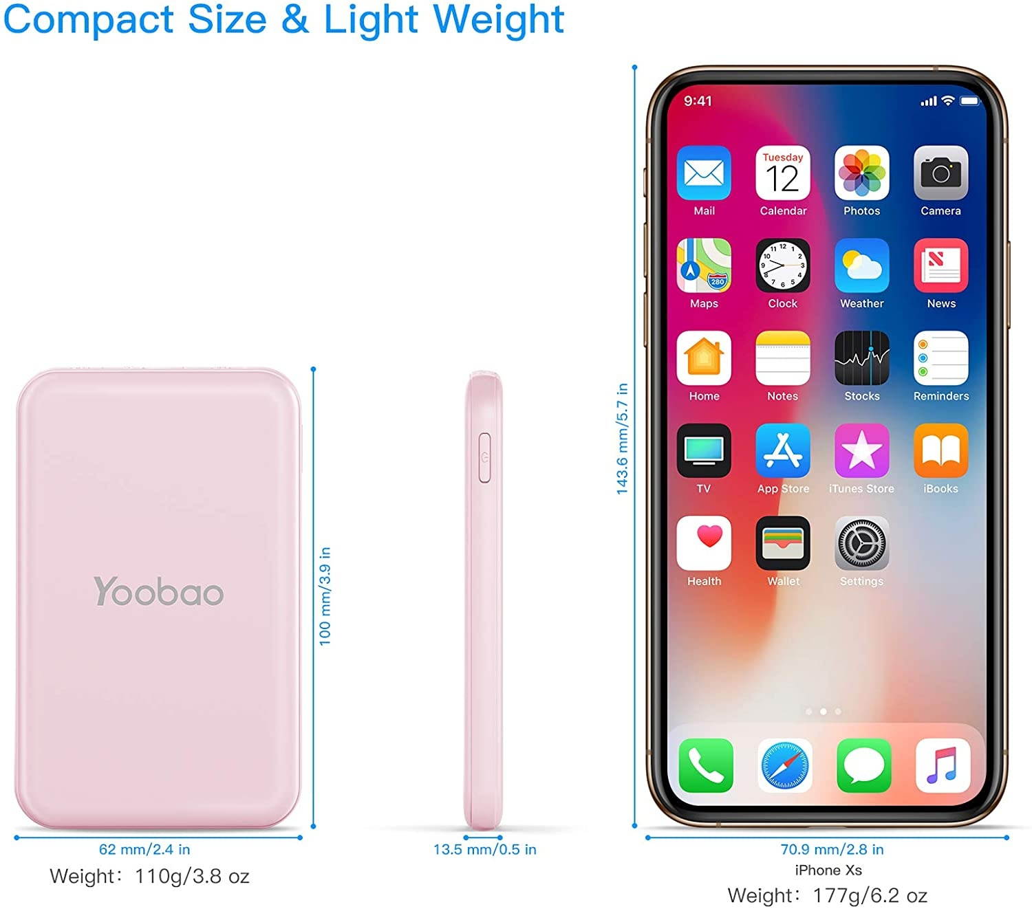 [Upgraded] Portable Charger Yoobao Power Bank Mini 5000mAh Powerbank 2-Output & 2-Input External Cellphone Battery Backup Pack Compatible iPhone 11 Pro Max 11 Xr X Samsung S20/20+ & More - Pink