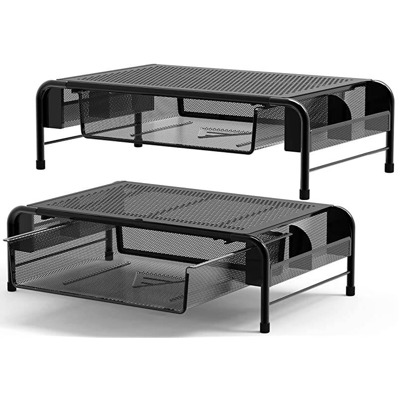 2PK Metal Desk Monitor Stand Riser with Organizer Drawer