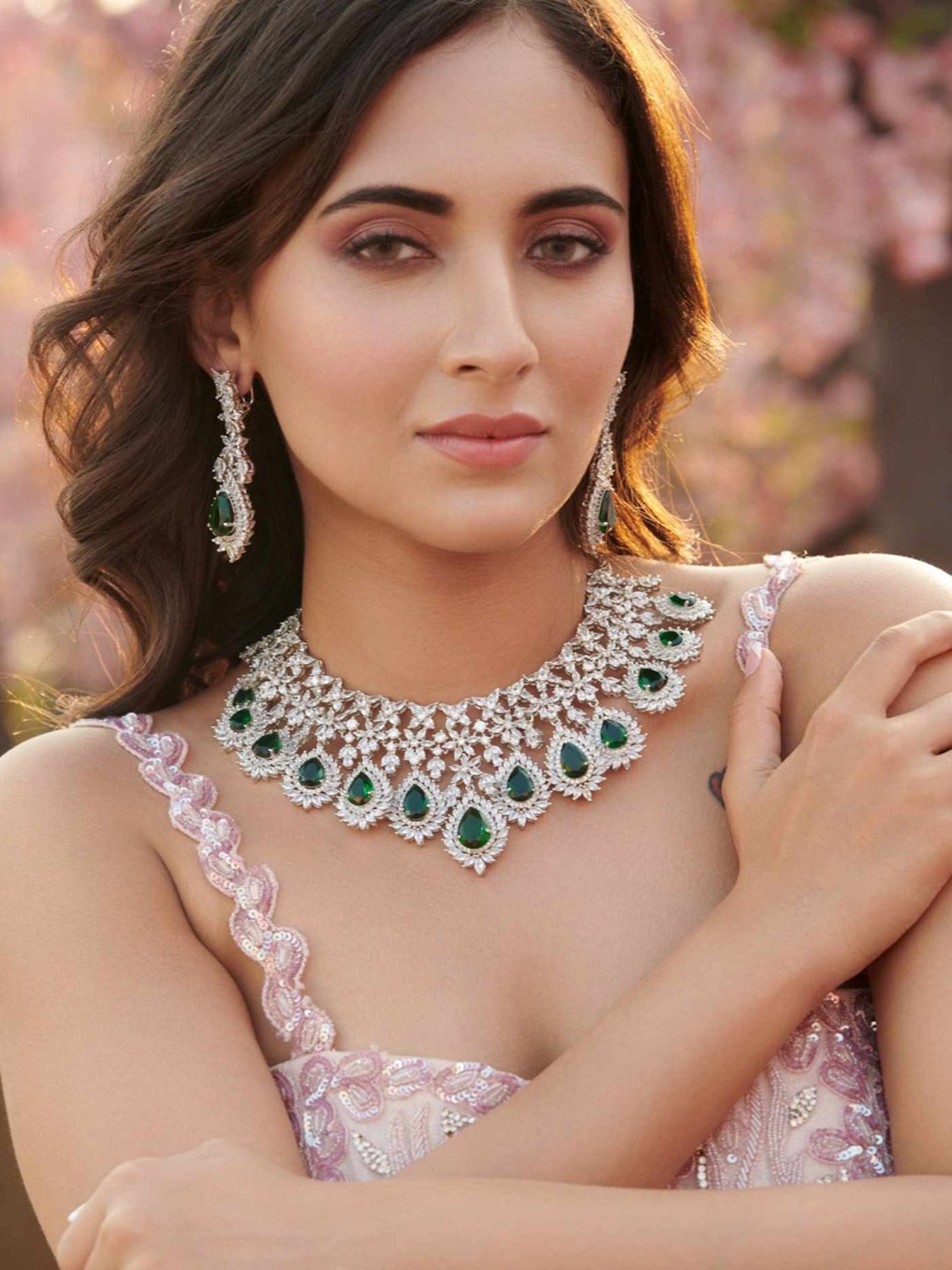 Curio Cottage Feathered Green Diamante Cubic Zirconia Necklace Set